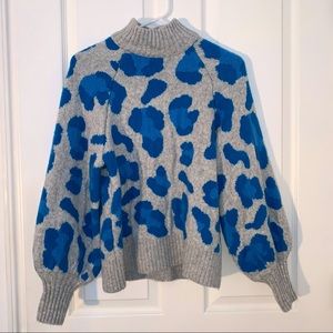 H&M Balloon Sleeve Wool Blend Crewneck sweater Unique Blue Grey Leopard Print